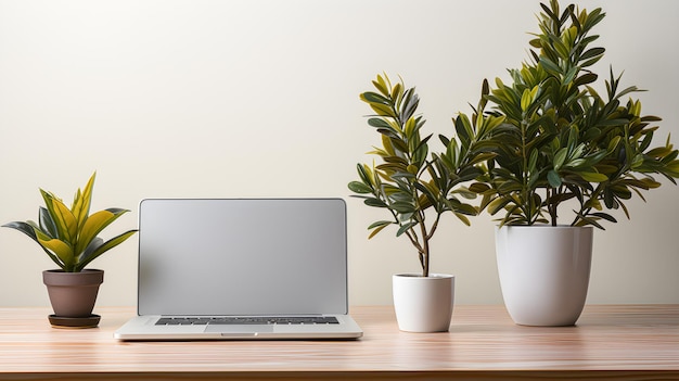 Minimalist wooden office desk or table with a laptop and plants Copy space