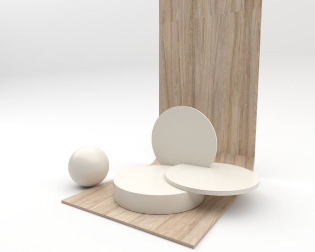 Podio minimalista in legno con scena di visualizzazione geometrica astratta per la presentazione del prodotto su sfondo bianco, rendering 3d, illustrazione 3d