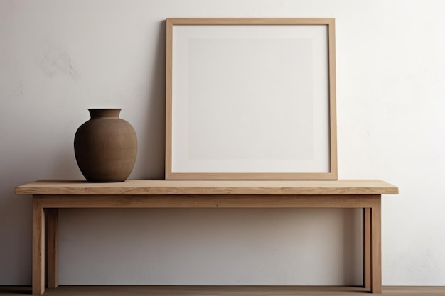 Minimalist Wooden Table with Print Frame on Wall AI Generated