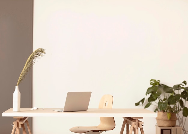 Minimalist workplace with laptop and plants