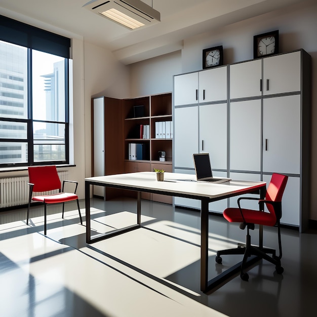 Photo minimalist workspace empty office with table chair and locker