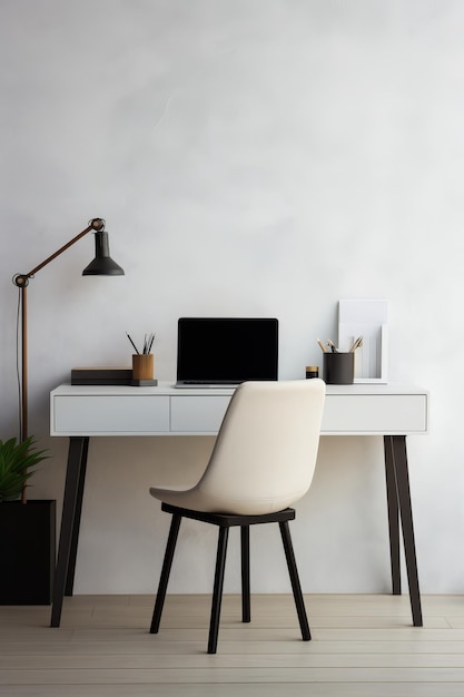 A minimalist workspace with a desk chair and laptop only AI generated illustration