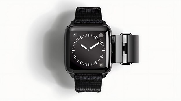 Minimalist wristwatch with a black case and black band on a white background