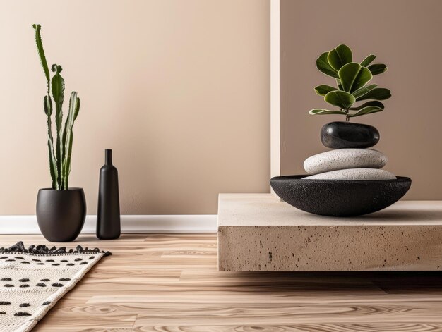 Foto composizione di interior design zen minimalista in toni puliti con elementi naturali e illuminazione delle finestre interni sereni rilassanti spazi di meditazione