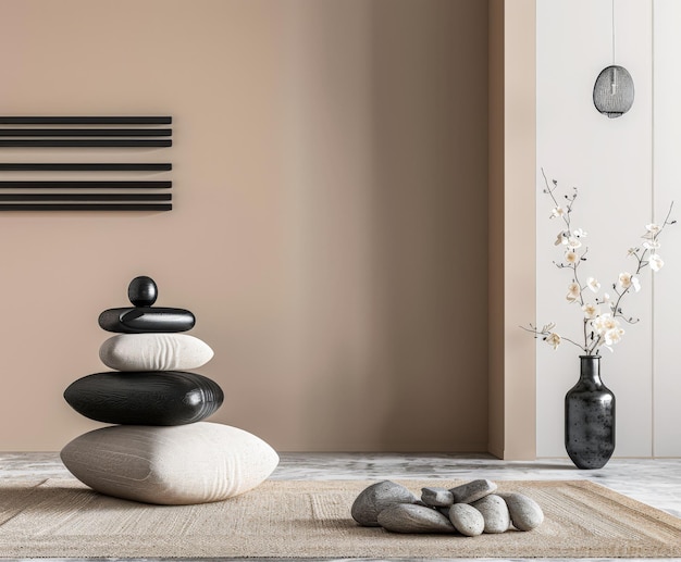 Foto composizione di interior design zen minimalista in toni puliti con elementi naturali e illuminazione delle finestre interni sereni rilassanti spazi di meditazione