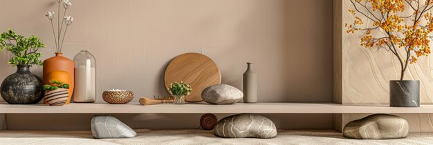 Minimalist zen interior design in warm tones with natural elements and window lighting Relaxing interiors meditation spaces