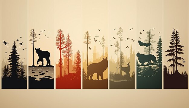 Foto un poster 3d minimalista con una serie di silhouette di animali selvatici