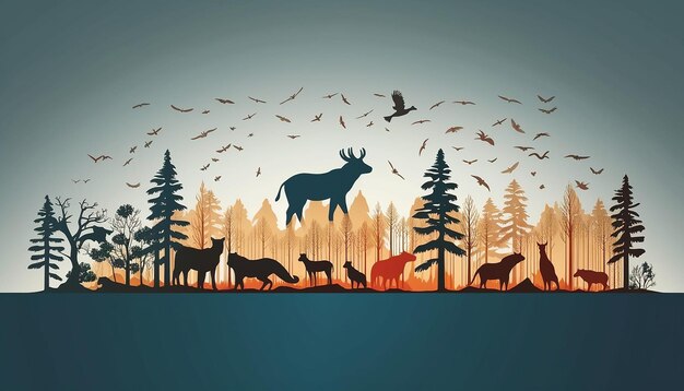 Photo a minimalistic 3d poster with a series of wild animal silhouettes