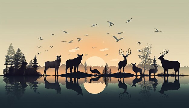 Photo a minimalistic 3d poster with a series of wild animal silhouettes