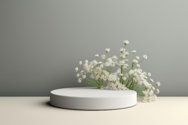 최소한의 3D 렌더링 제품 프리젠테이션에 완벽한 안개꽃 꽃이 있는 우아한 흰색 연단