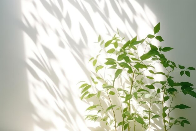 사진 흰 벽에 잎과 식물의 흐릿한 그림자가 있는 미니멀리즘 추상 배경