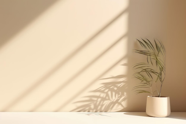 Minimalistic abstract beige background with window shadow and vegetation mockup
