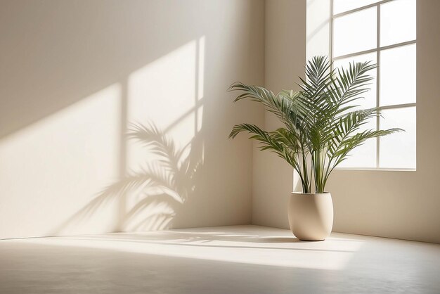 Minimalistic abstract gentle light beige background for product presentation with light andand intricate shadow from the window and vegetation on wall