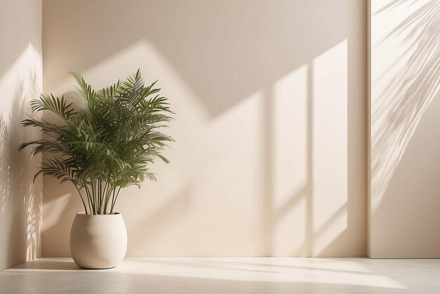 제품 프레젠테이션을 위해 미니멀리즘 추상적인 부드러운 밝은 베이지 배경과 창문에서 빛과 복잡한 그림자 및 벽에 있는 식물