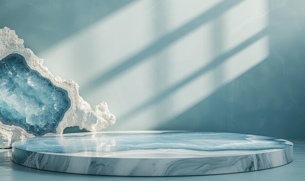 Minimalistic abstract scene with marble podium and blue geode on background