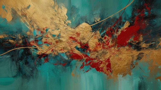 A Minimalistic Abstract Texture of Turquoise Red and Gold Paint Generative AI