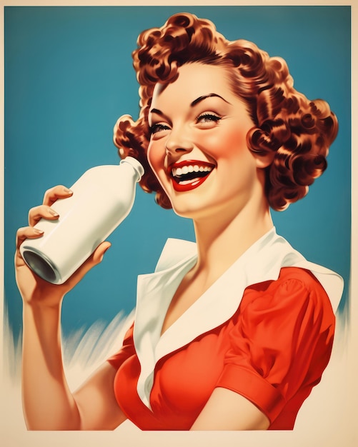 Minimalistic advertising retro postcard of happy smiling woman in red dress drinking milk
