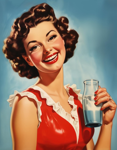 Minimalistic advertising retro postcard of happy smiling woman in red dress holding a glass of milk