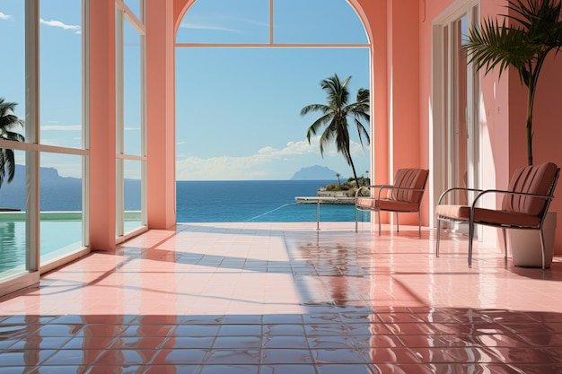Minimalistic Aesthetic Summer Scene Sunny Seascape View Oceanic Balcony with Armchairs Terrace