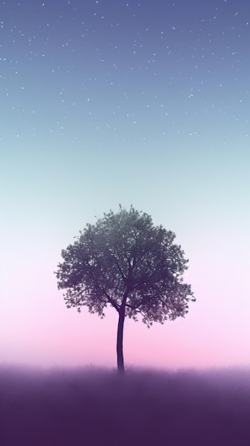 Минималистичная яблоня с градиентным небом пастельных тонов на мобильном фоне