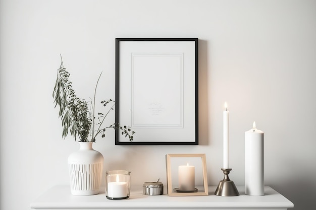 A minimalistic arrangement of an artistic living room interior featuring a faux poster frame and chic few personal items on a wooden stool Copy space Template Actual image
