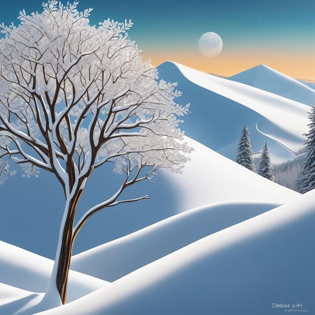 ミニマリズム的なアールデコのミニマリズム四分子配色の木々や丘、cl のある冬景色