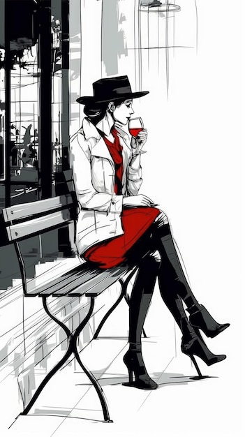 Minimalistic art a woman sits on a bench holding a glass of wine generative AI
