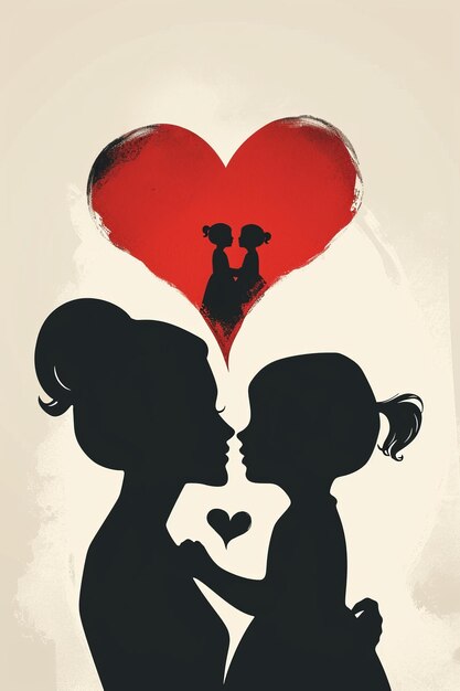 A minimalistic artwork depicting a mother and child silhouette with a small heart between them