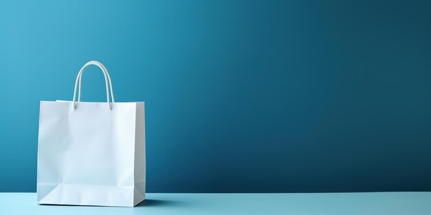 Foto banner minimalista con borsa regalo di carta bianca su uno sfondo blu scuro con spazio di copia concetto di vendita e acquisto