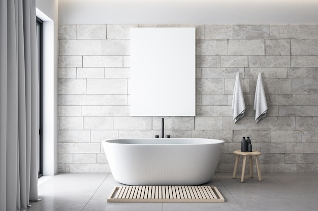 Minimalistic bathroom with blank poster on wall