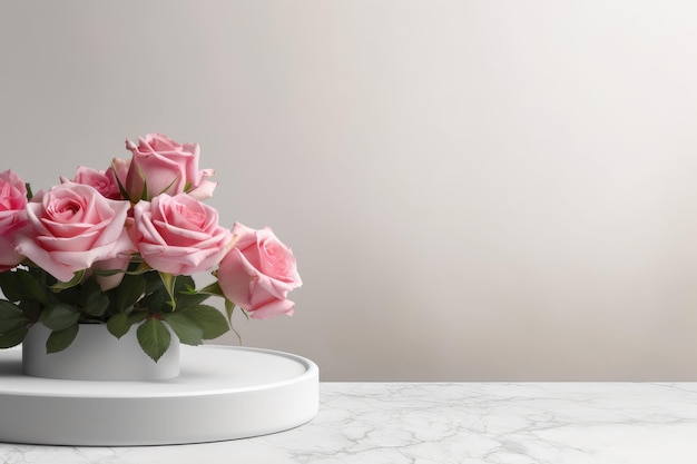 Minimalistic Beauty Embracing Elegance with a White Podium Pink Roses and a Soft Grey Backdrop