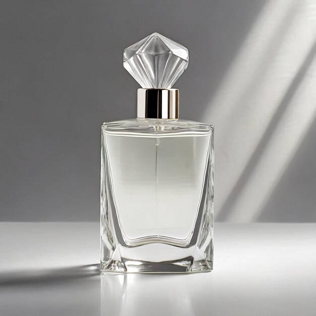 Минималистическая бутылка с парфюмерией из стекла на нейтральном фоне
