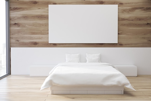 Минималистичный интерьер спальни с двуспальной кроватью, стоящей у деревянной стены с висящим на ней горизонтальным плакатом. 3D-рендеринг, макет