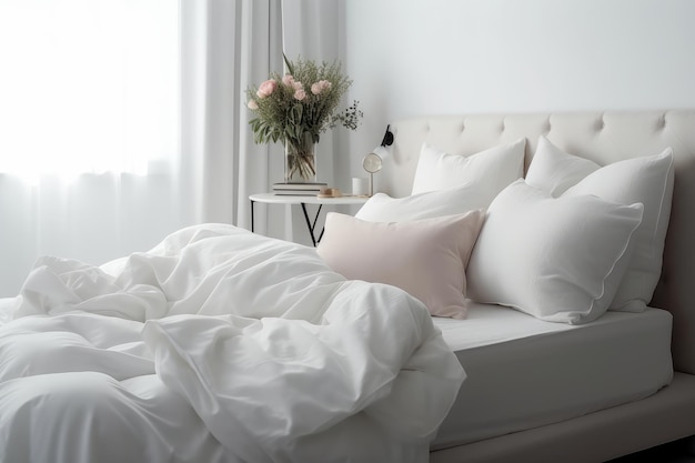 Photo a minimalistic bedroom with a clean white bed comfortable pillows a blanket