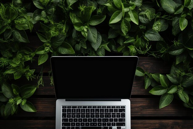 Photo minimalistic black background with laptop notepad and office plants top view