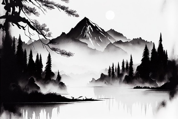 Photo minimalistic black and white drawing dawn over a mountain river generative ai