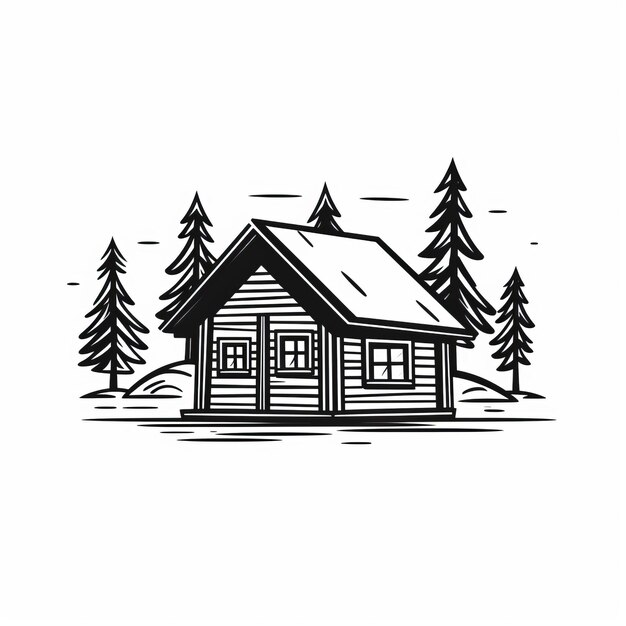 Minimalistic Black And White Pine Cabin Illustration