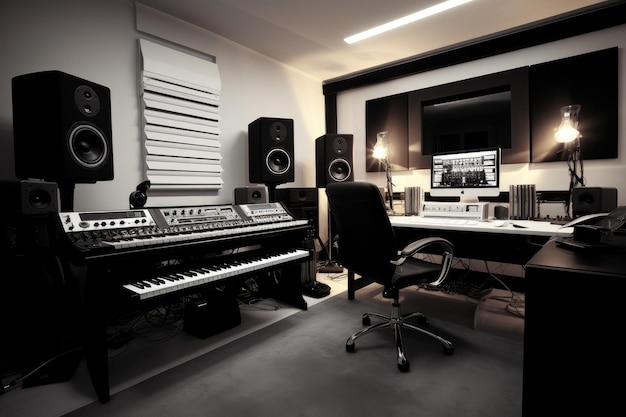 A minimalistic black and white recording studio layout Ai generated