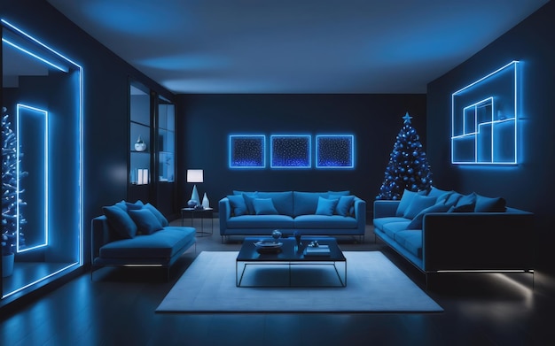 Minimalistic blue neon illuminated domestic christmas interior neural art