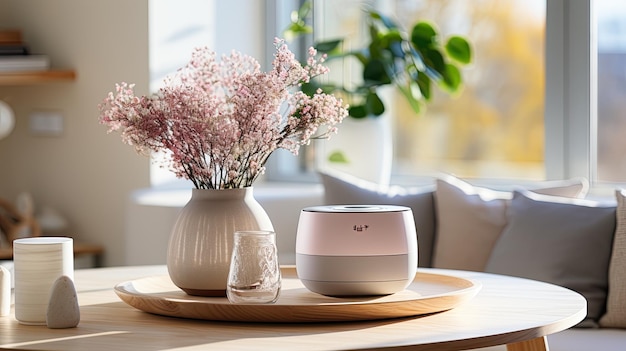 Minimalistic bluetooth speaker on a table in a living room against a minimalist and light interior white speaker sits on a coffee table in a living room with a couch and a book Generative AI