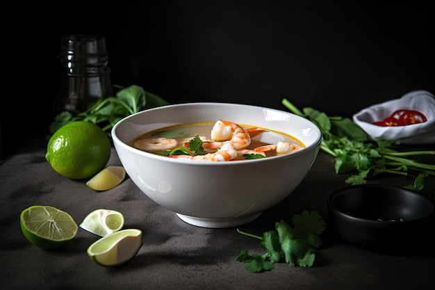 A minimalistic bowl of tom yam soup with fresh herbs shrimp and lime created with generative ai