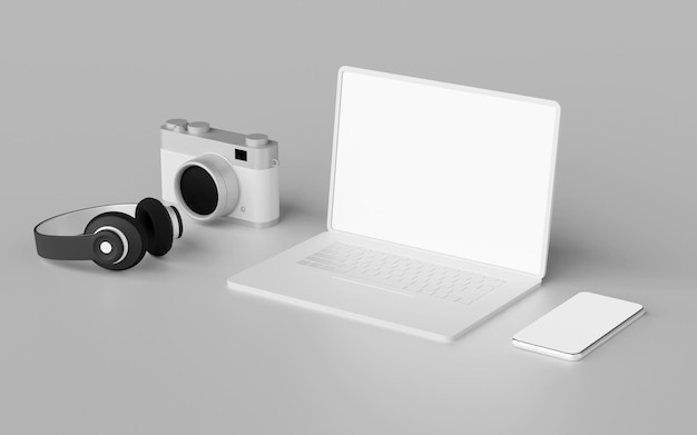 Minimalistic camera headphone laptop smartphone with blank screen mockup 3d rendering