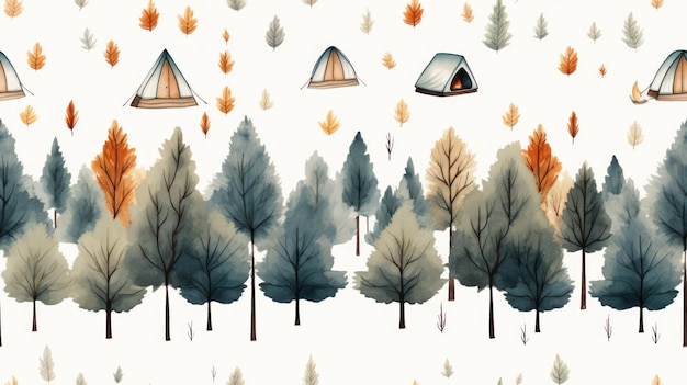 Minimalistic Camping and Bonfires Watercolor Seamless Pattern AI Generated