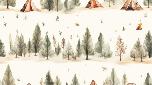 Minimalistic Camping and Bonfires Watercolor Seamless Pattern AI Generated