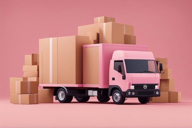 Минималистичный мультяшный плоский логистический грузовик с множеством картонных коробок для посылок.