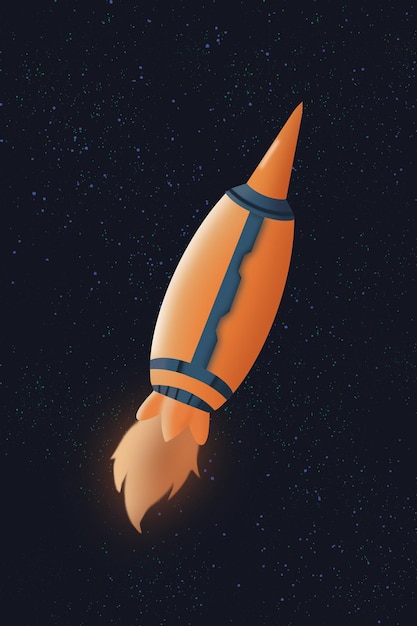 Foto razzo spaziale di cartoni animati minimalisti in stile retro nave spaziale arancione con fuoco che scoppiò nello spazio esterno un razzo nel cosmo oscuro con le stelle