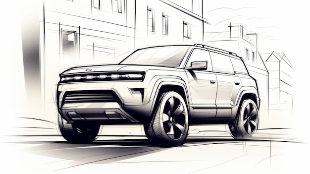 Minimalistic Cartoon Suv Sketch On Concrete Perspective Drawing