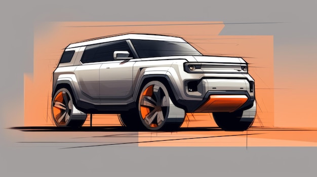 Photo minimalistic cartoon suv sketch on concrete perspective drawing