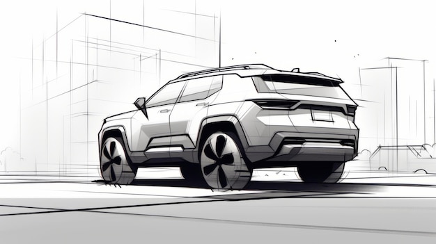 Minimalistic Cartoon Suv Sketch On Concrete Perspective Drawing