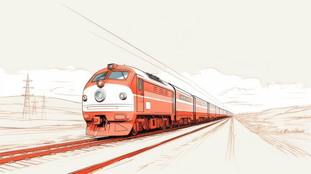 Minimalistic Cartoon Train Sketch On Rail Perspective Drawing